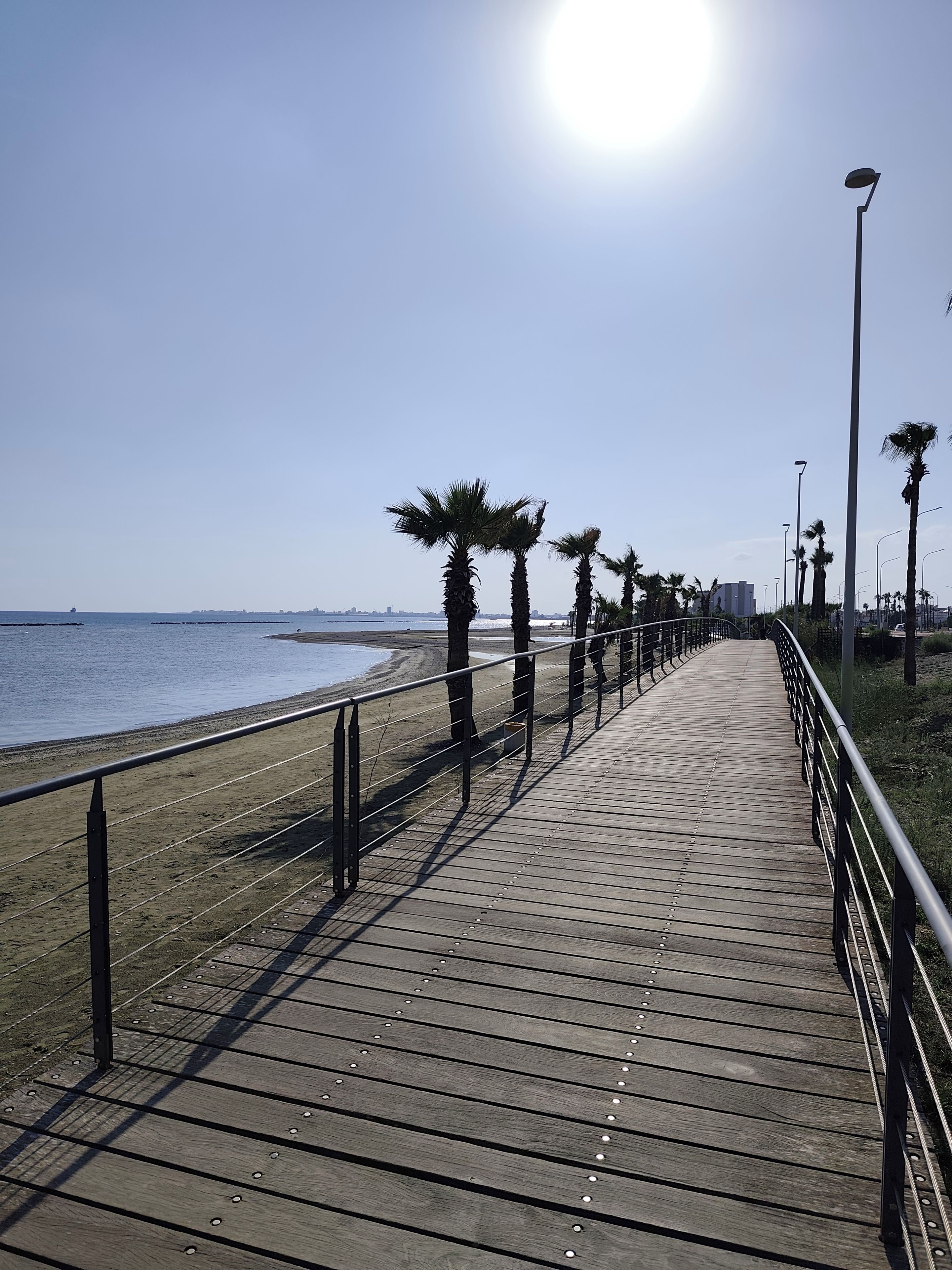 A wooden boardwalk leading to a beach with palm trees and street lamps.