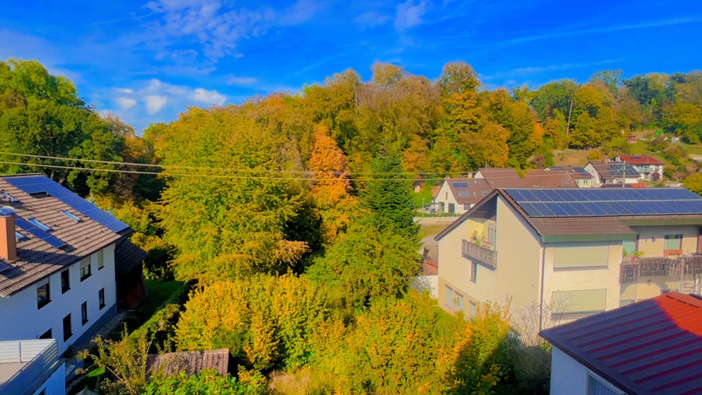 Zona residencial amb cases, algunes amb panells solars, envoltada d'arbres amb fullatge d'ametlles.