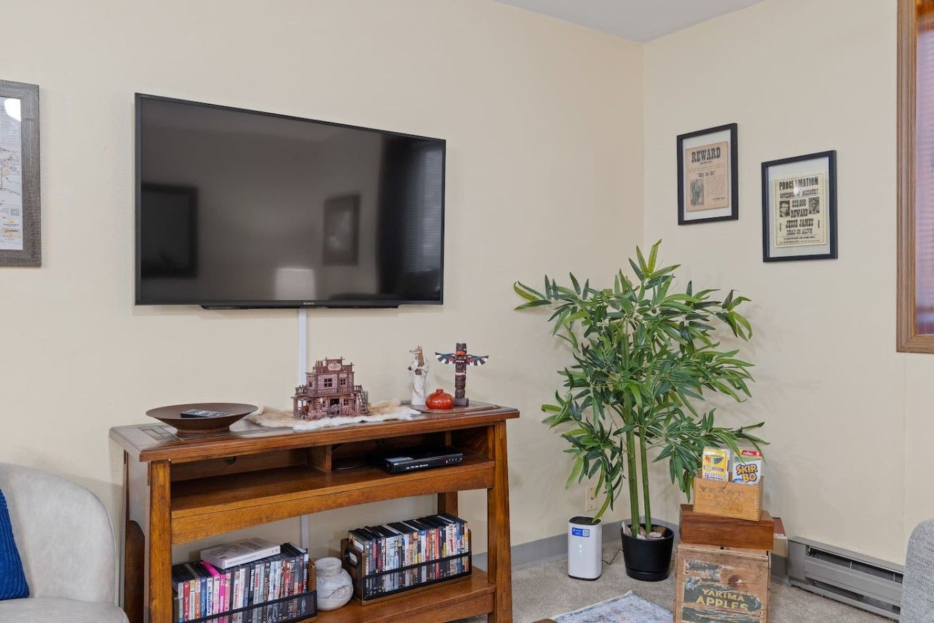 Un soggiorno con una TV a schermo piatto montata a parete, un mobile in legno contenente libri e oggetti decorativi, una grande pianta in vaso e certificati incorniciati appesi al muro.