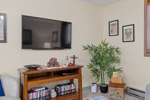 Un soggiorno con una TV a schermo piatto montata a parete, un mobile in legno contenente libri e oggetti decorativi, una grande pianta in vaso e certificati incorniciati appesi al muro.