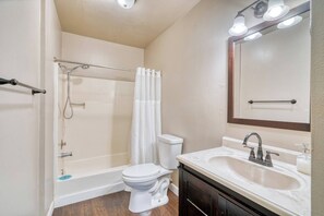 Une salle de bain équipée d’une douche, de toilettes, d’un lavabo et d’un miroir.