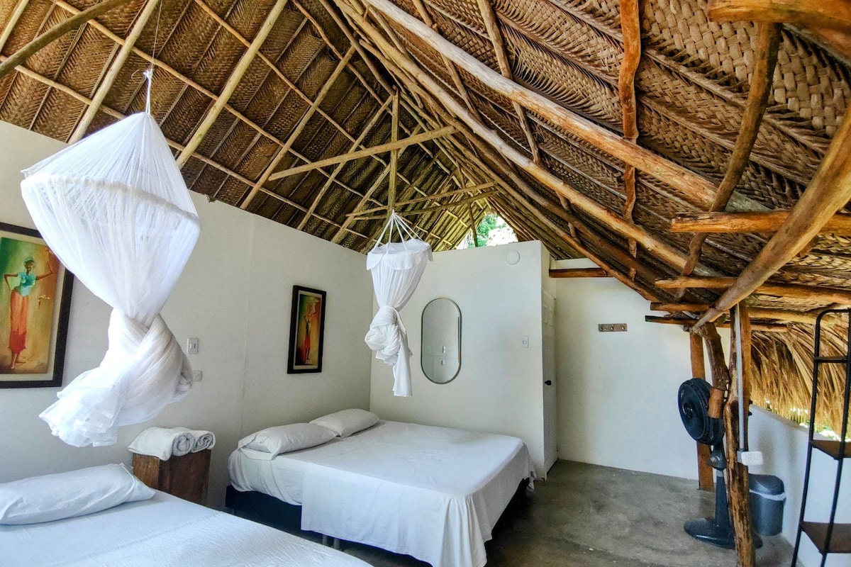 A room with two beds, a mosquito net, a painting, a mirror, and a ceiling fan.