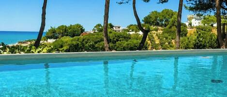 A clear blue pool with a view of the sea and trees in the background.
