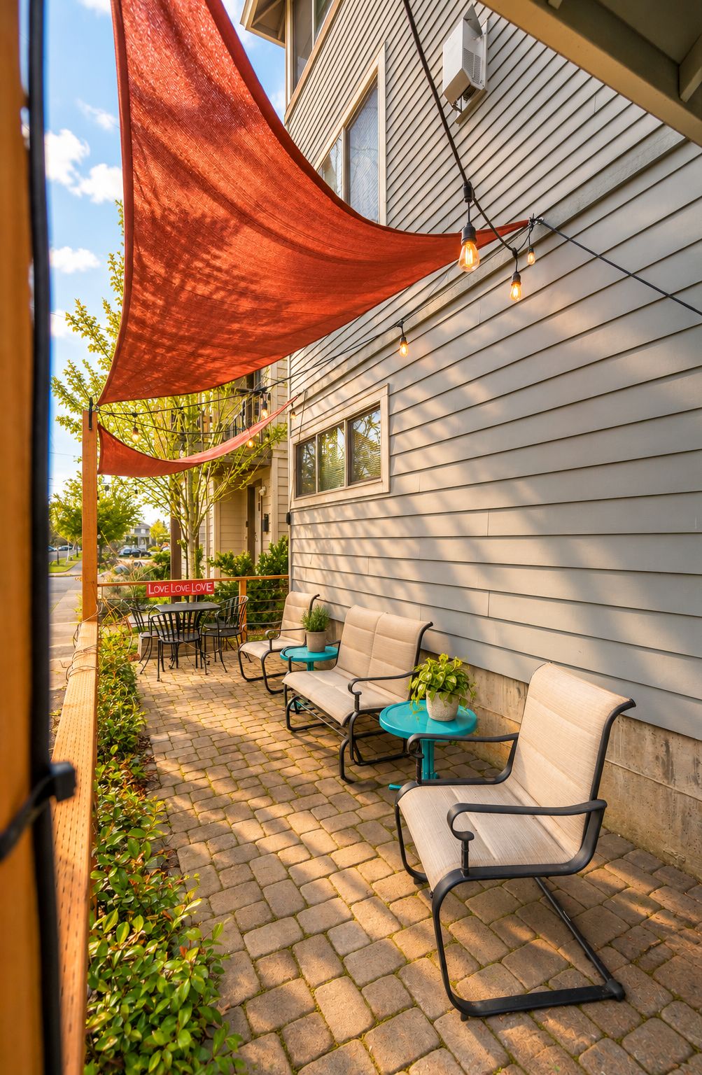 Cozy shaded patio with lounge seating, string lights, and brick pavers