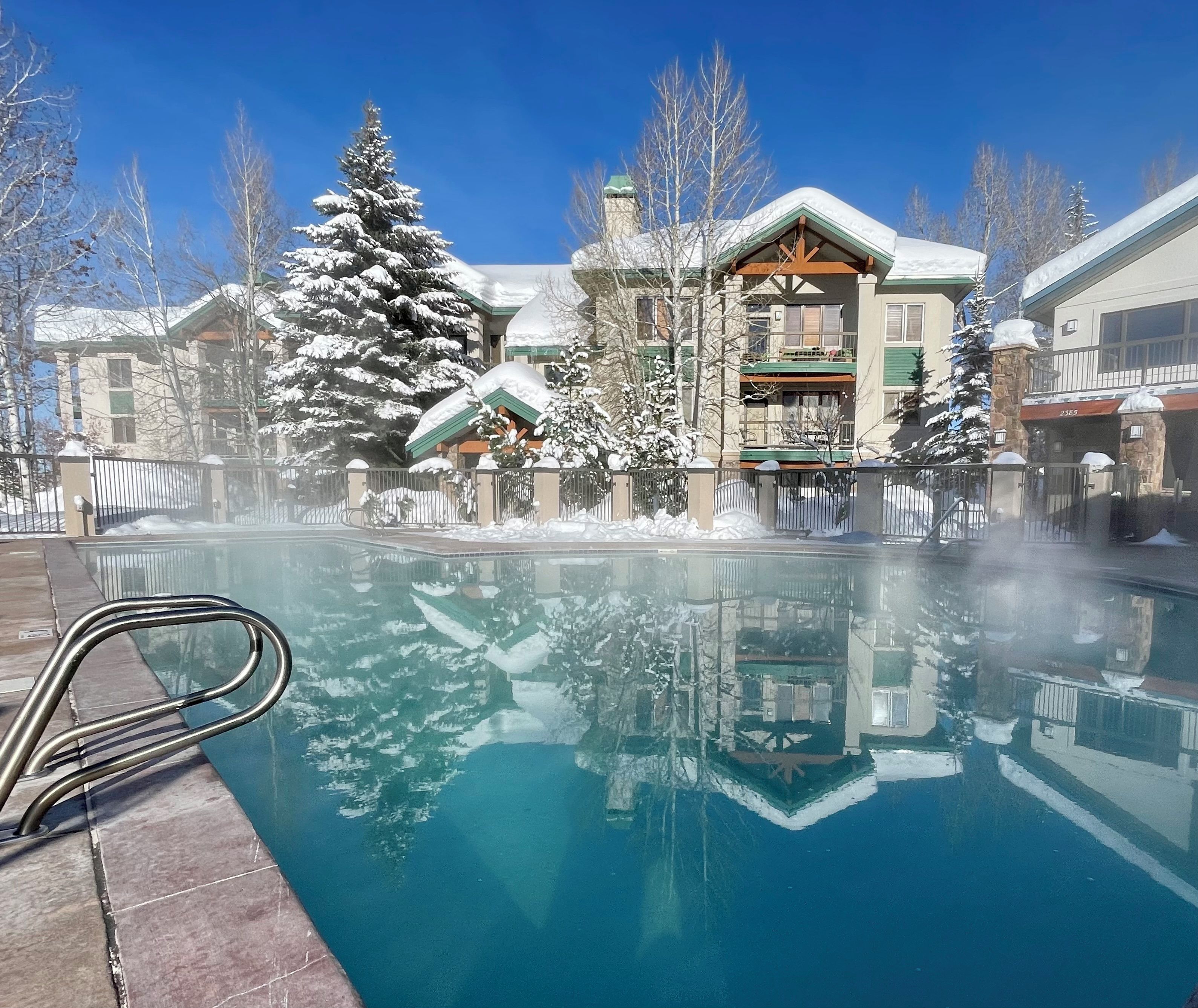 Una piscina con una escalera de metal, rodeada de edificios con árboles nevados y un cielo azul despejado.