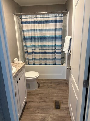 A bathroom with a shower curtain, a toilet, a sink, and a bathtub. - The Canal House on the canal with stunning sunsets. (Okeechobee)