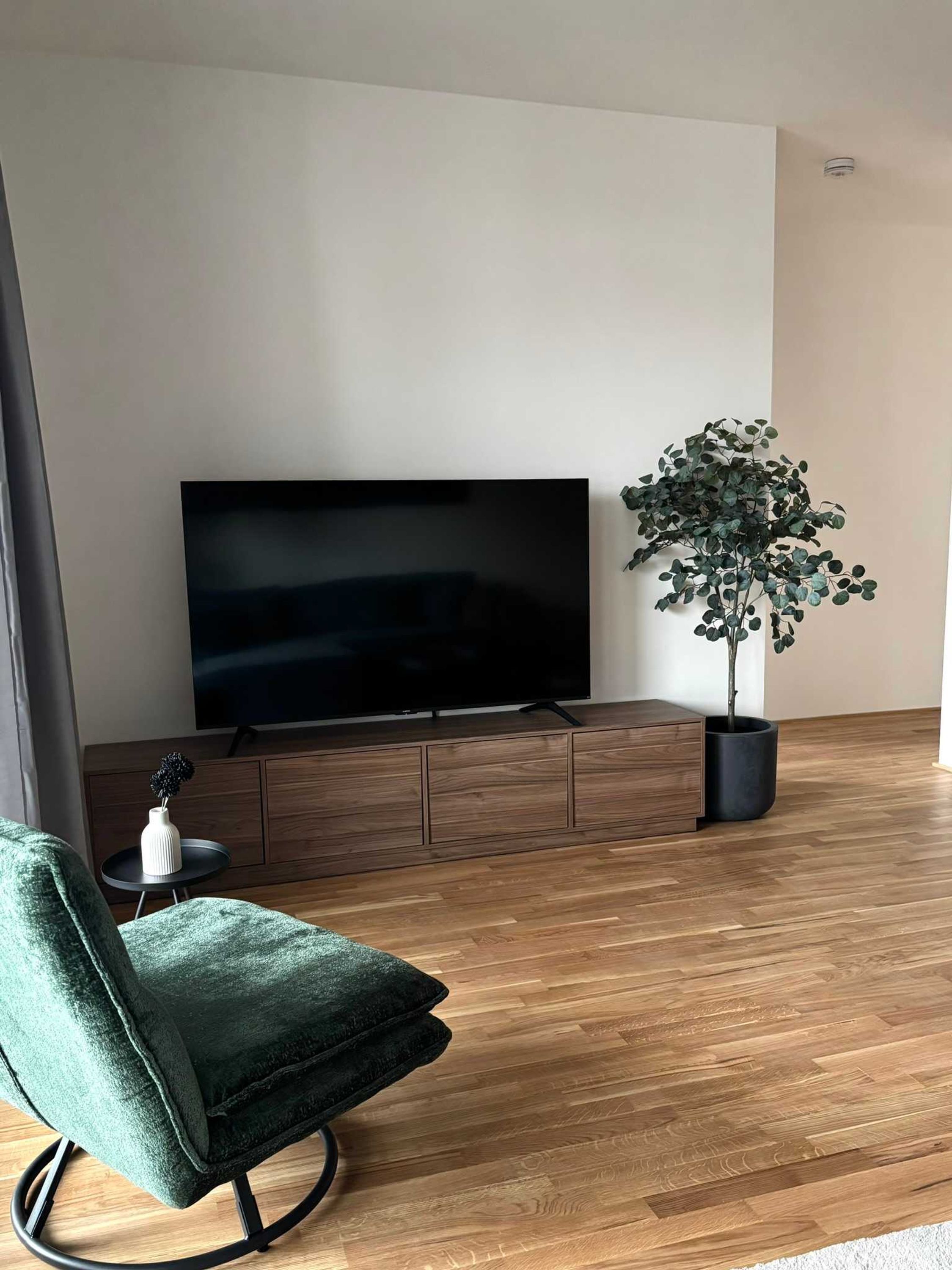 Een moderne woonkamer met een flatscreen televisie op een houten kast, een bekleden groene fauteuil en een potplant.