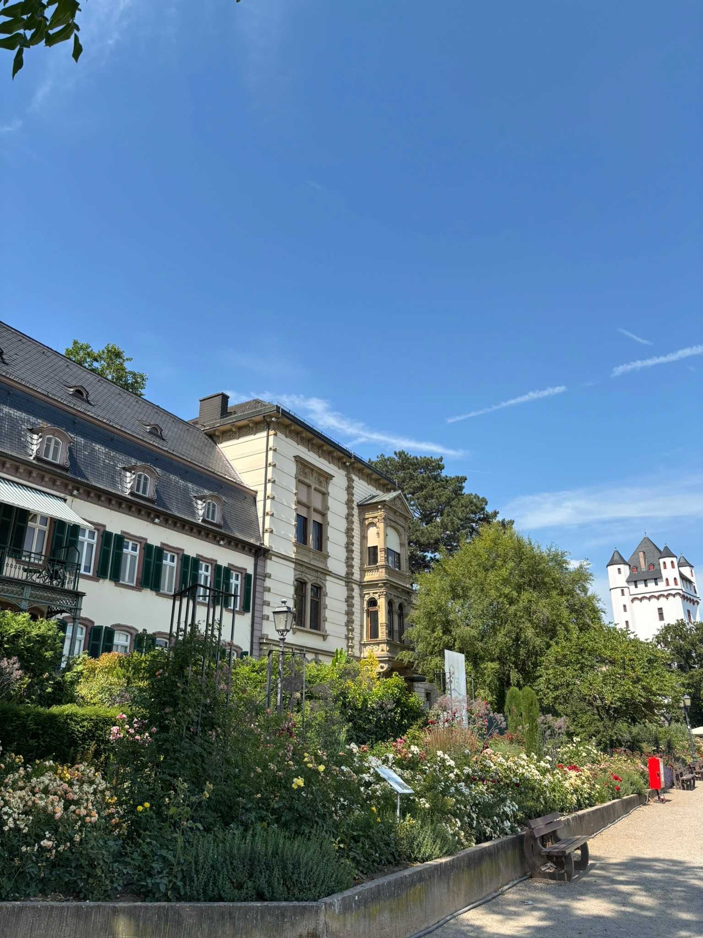 Un bâtiment historique à l’architecture classique, un jardin où poussent différentes espèces de plantes et un ciel d’un bleu limpide.