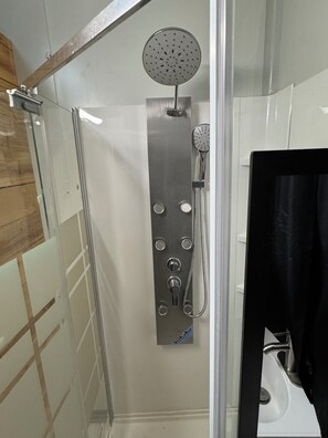 Aseo con cabina de ducha, un cabezal de ducha de mano, grifo empotrado y panel de control.