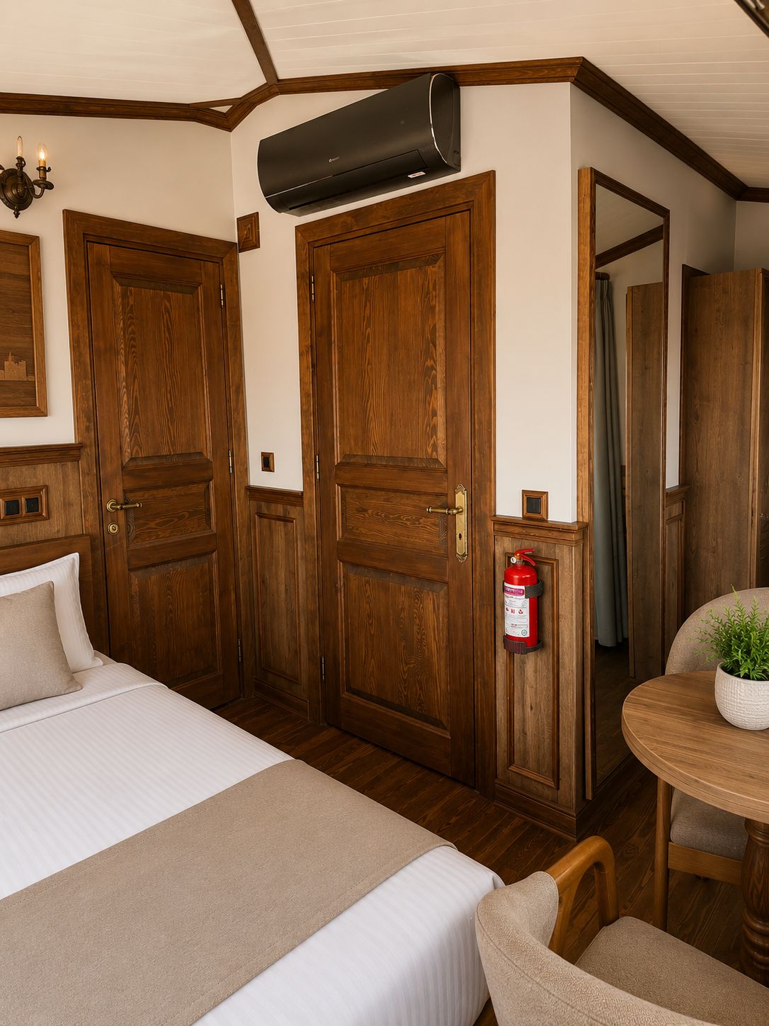 A hotel room with a bed, a table with chairs, a fire extinguisher, and wooden doors.