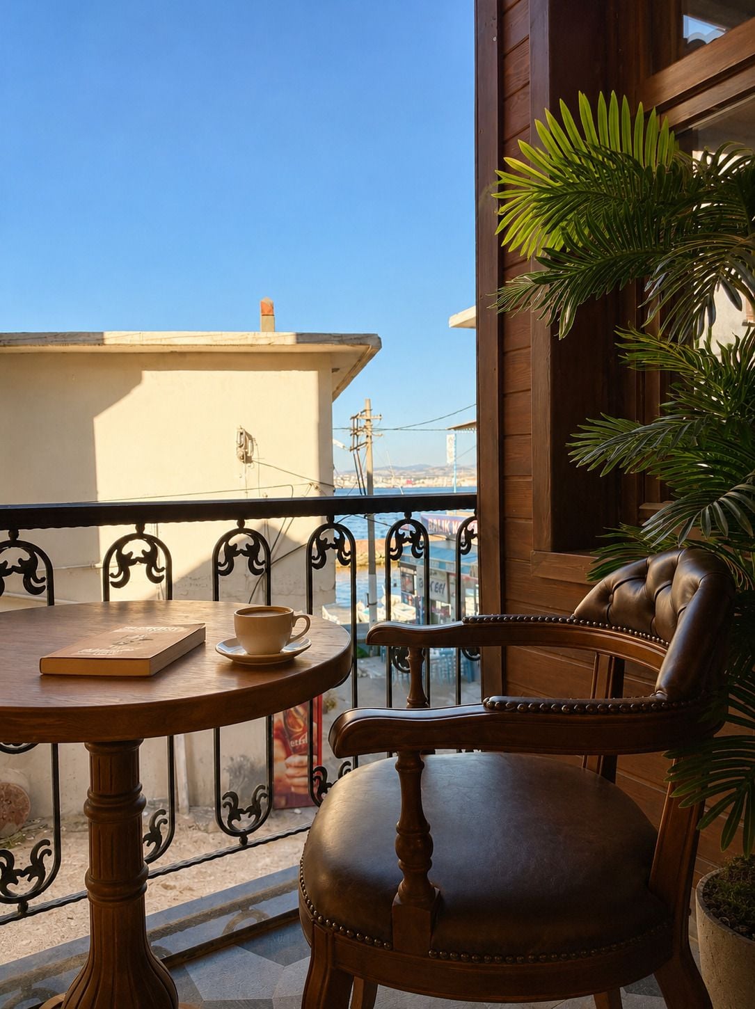 Une table en bois avec une tasse et un livre, un fauteuil en cuir et une plante en pot sur un balcon d’où l’on peut admirer des bâtiments et un ciel dégagé.