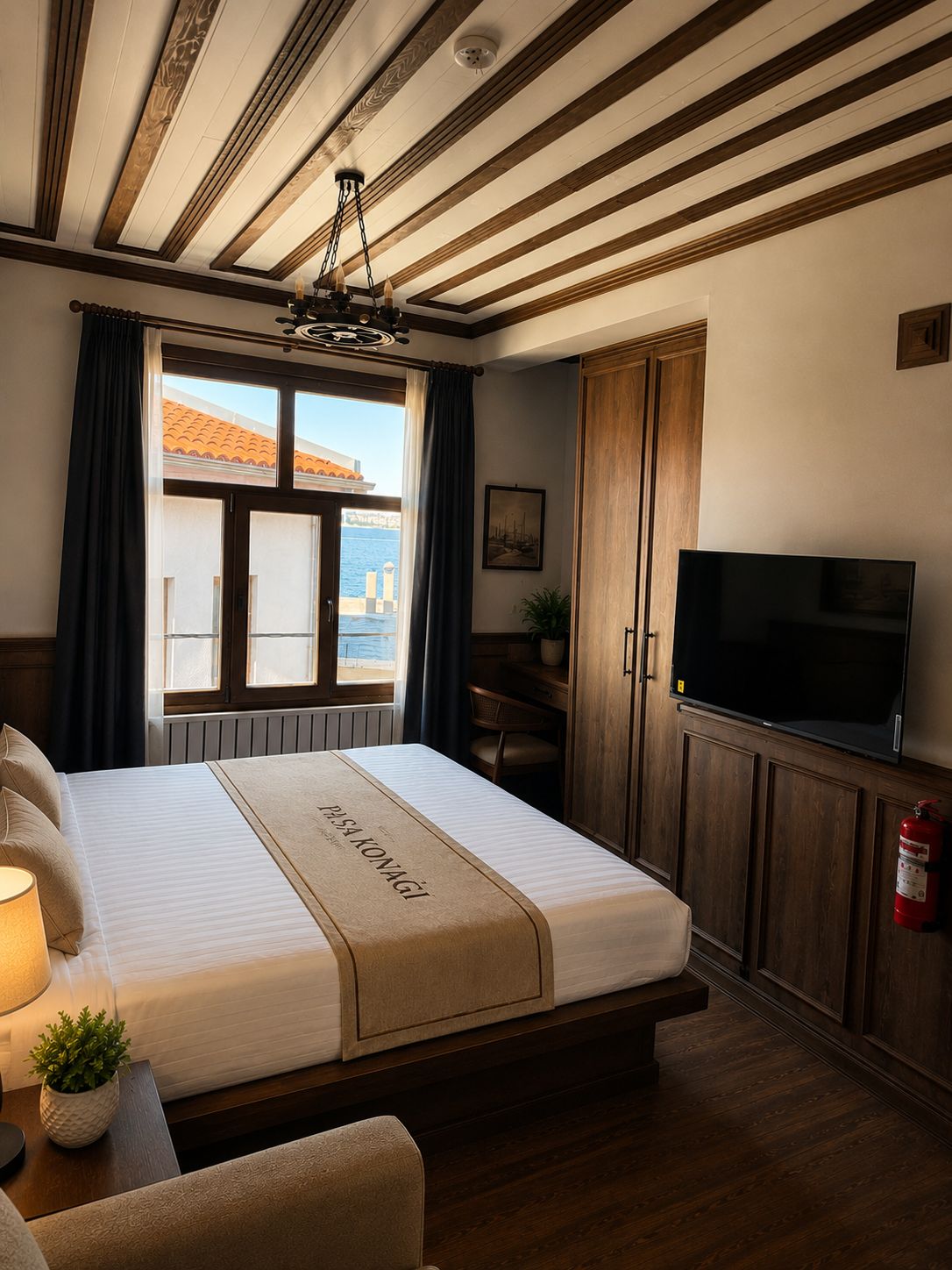 A hotel room with a bed, a television, a window with curtains, a plant, and a fire extinguisher.