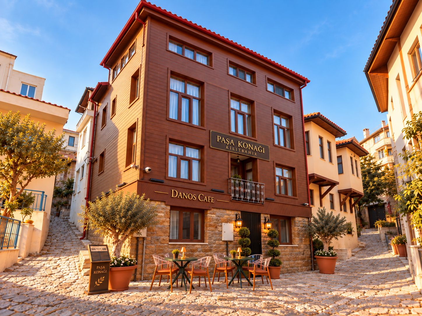 Un bâtiment portant une enseigne indiquant « Pasa Konağı Kilitbahir » et « Danos Cafe », avec des places assises à l’extérieur.