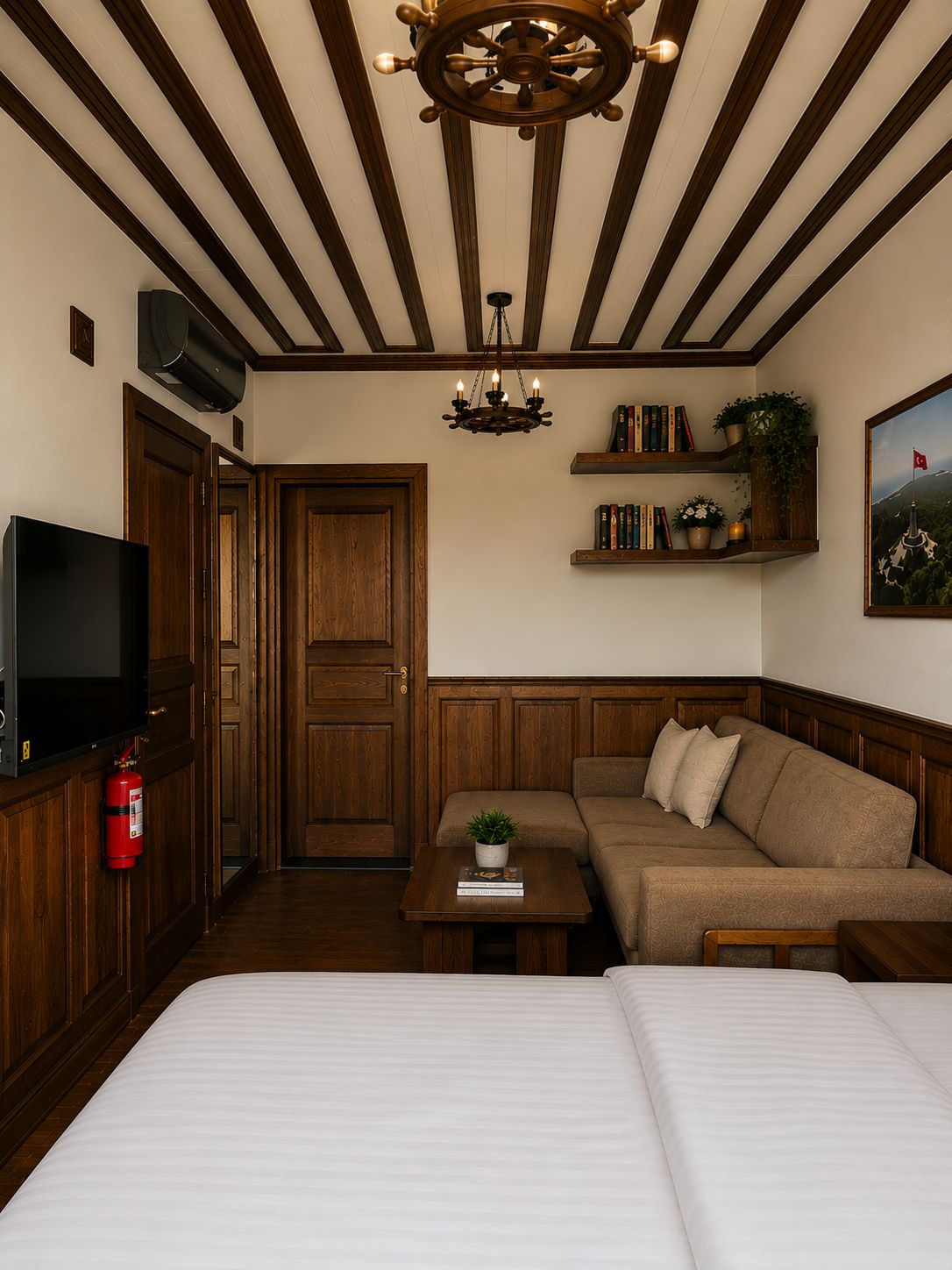 A hotel room with a wooden ceiling, a television, a sofa, a bed, a small table with a plant, and a bookshelf with books and a plant.