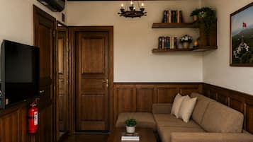 Habitación de hotel con techo de madera, televisor, sofá, cama, una mesita con una planta y una estantería con libros y otra planta.
