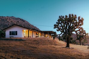 Ein modernes Haus mit einer überdachten Terrasse, einem großen Baum und einer hügeligen Landschaft.