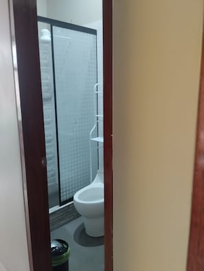 Et badeværelse med toilet, brusekabine og skraldespand.