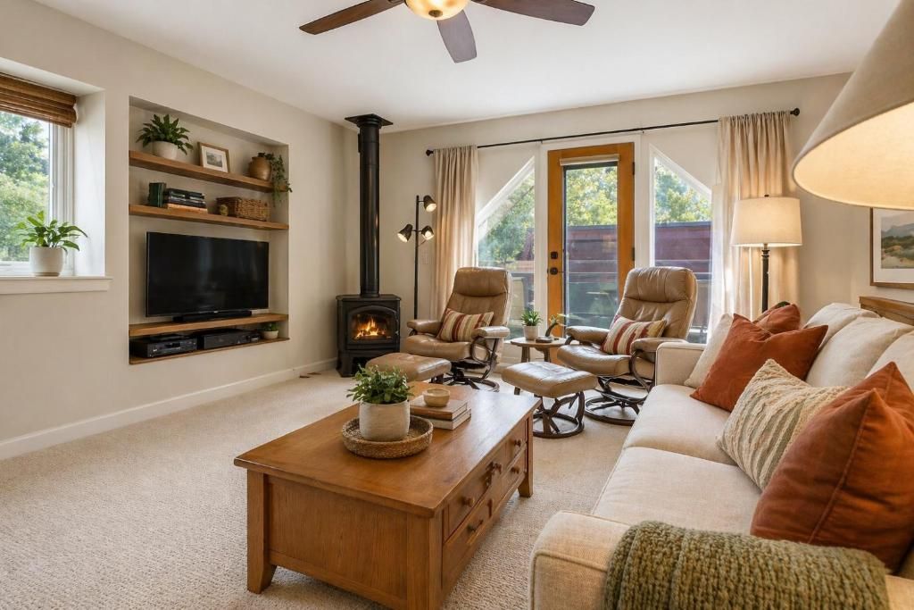 A cozy living room with a fireplace, comfortable seating, a flat-screen TV, and a ceiling fan.