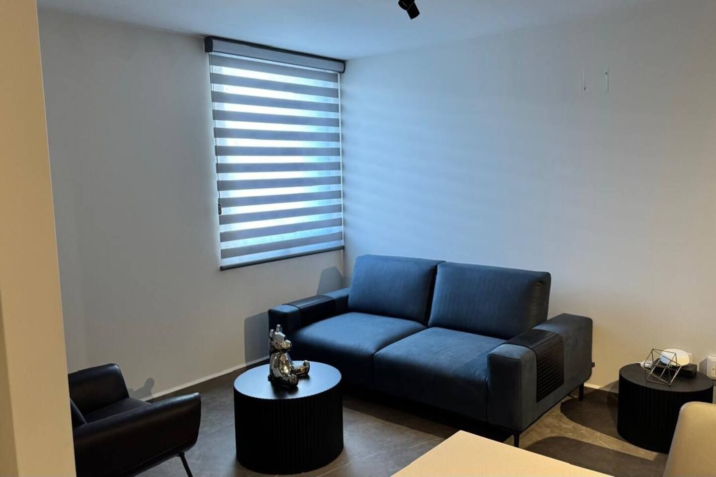 Un salon moderne avec un canapé gris, une table basse ronde et une fenêtre équipée de stores.