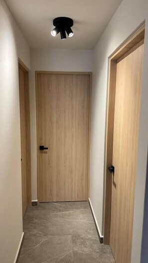 Un couloir avec des portes en bois et un luminaire au plafond.
