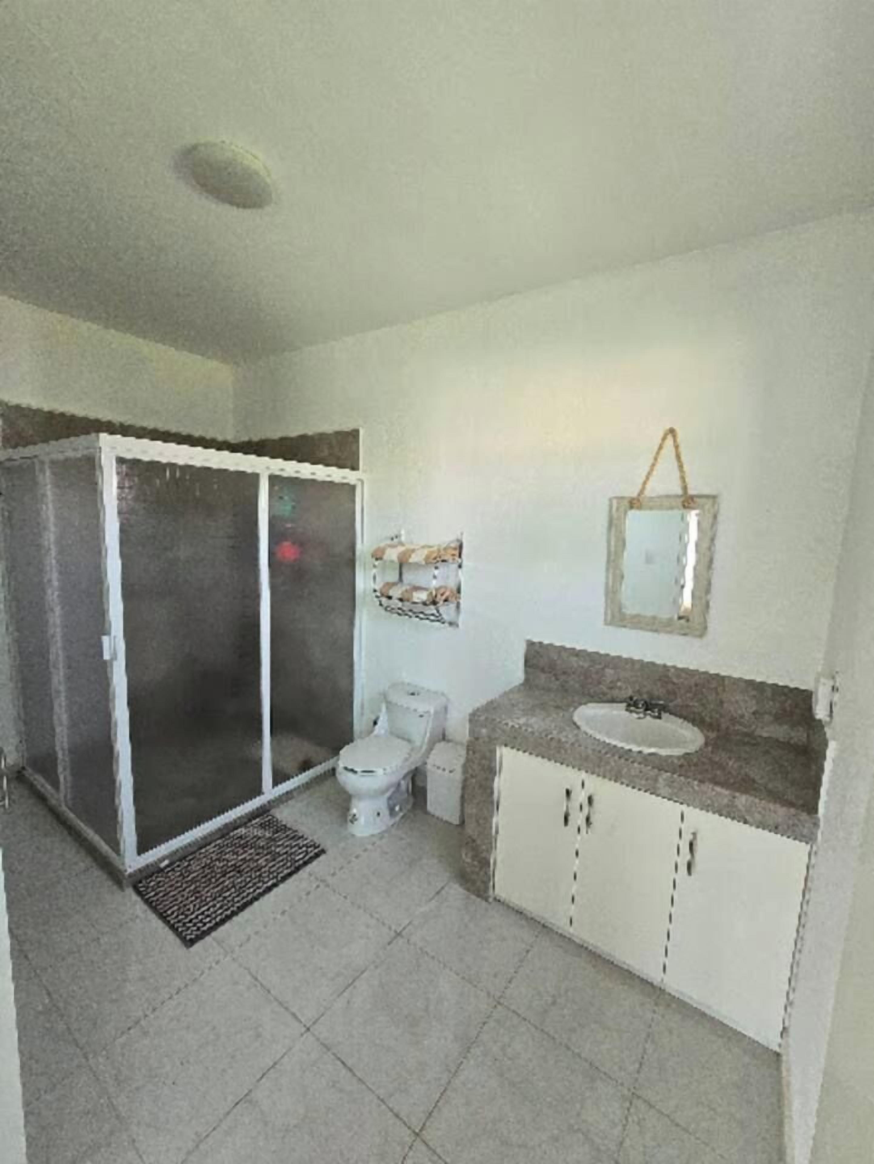 Et badeværelse med brusebad, toilet, vask og skabe.