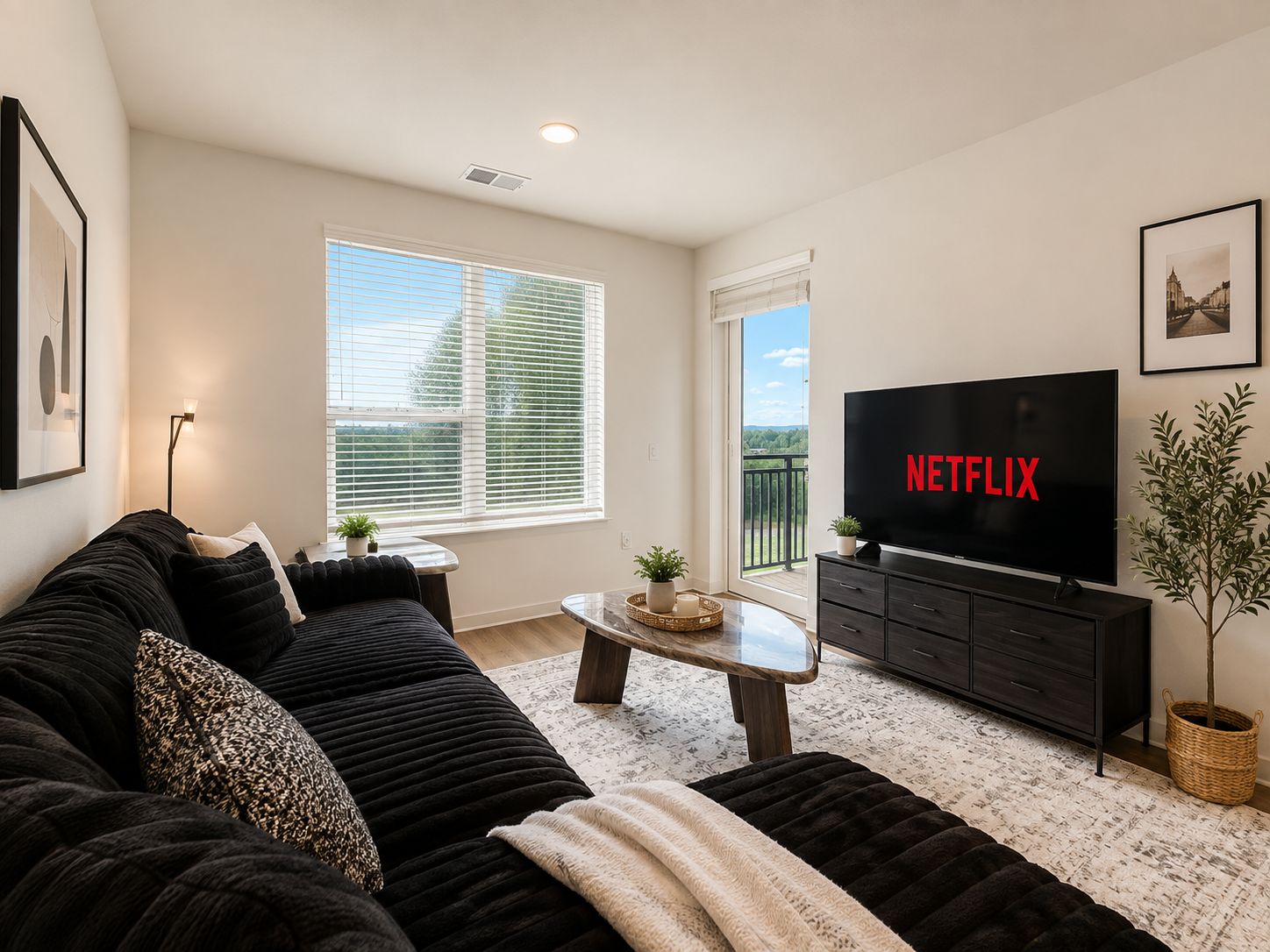 A living room with a black sofa, a coffee table, a TV displaying 'NETFLIX', and a balcony with a view.