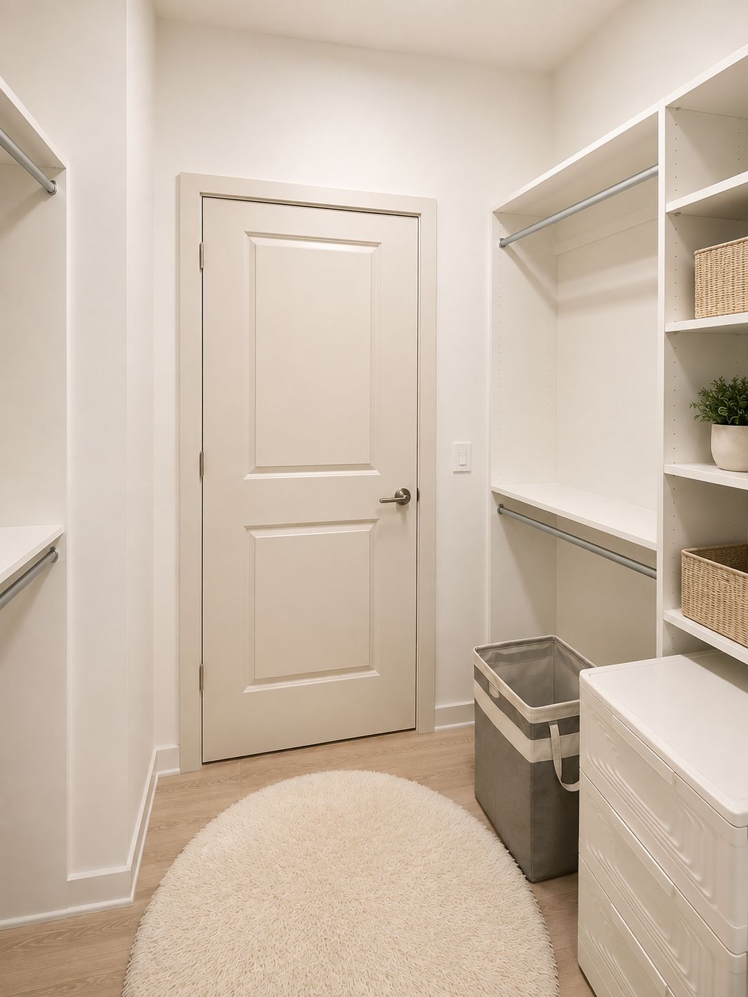 A hallway with a white door, a trash bin, a storage unit, and shelves with baskets.