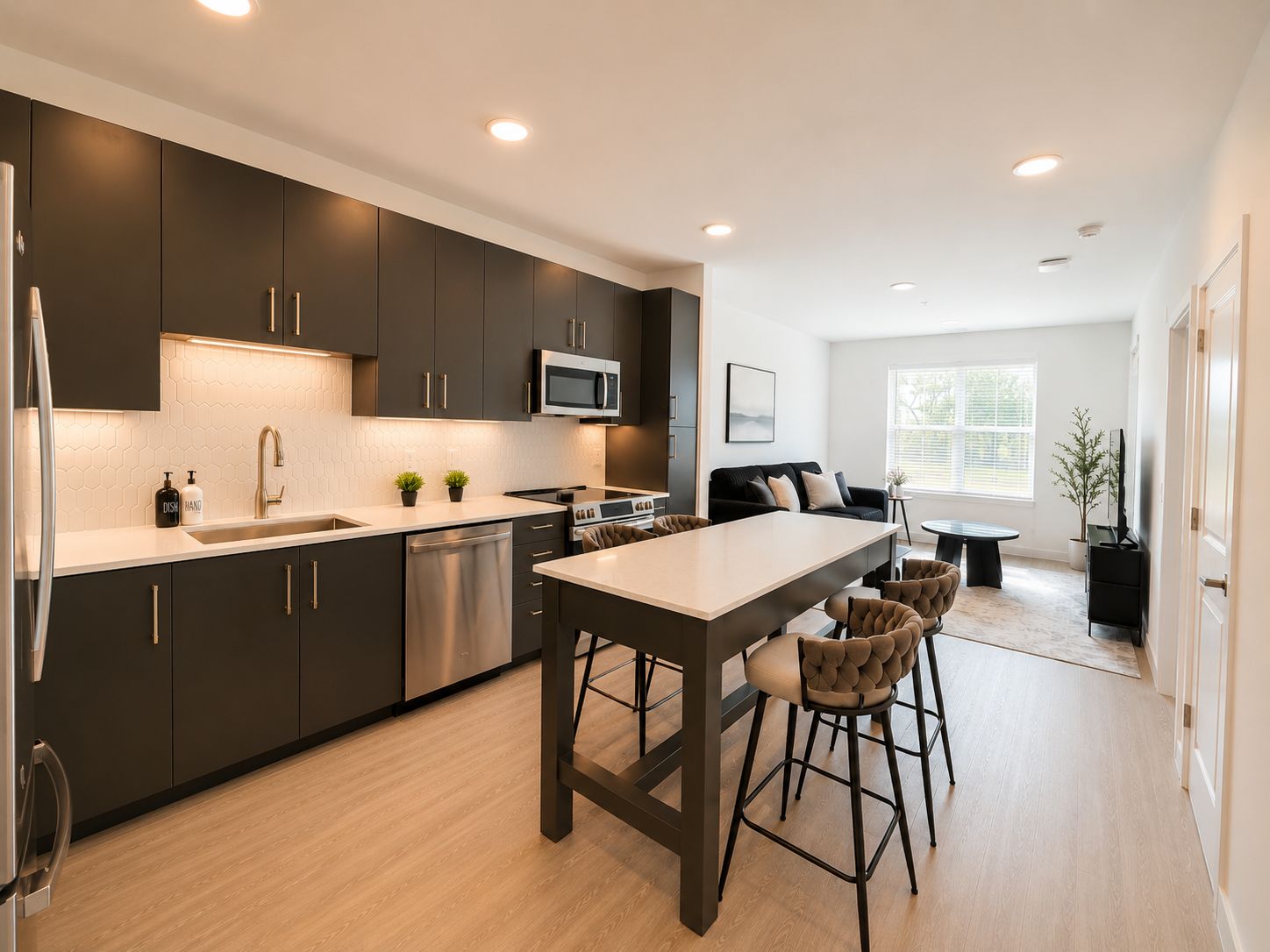 A modern kitchen with dark cabinetry, a stainless steel dishwasher, and a central island with bar stools.