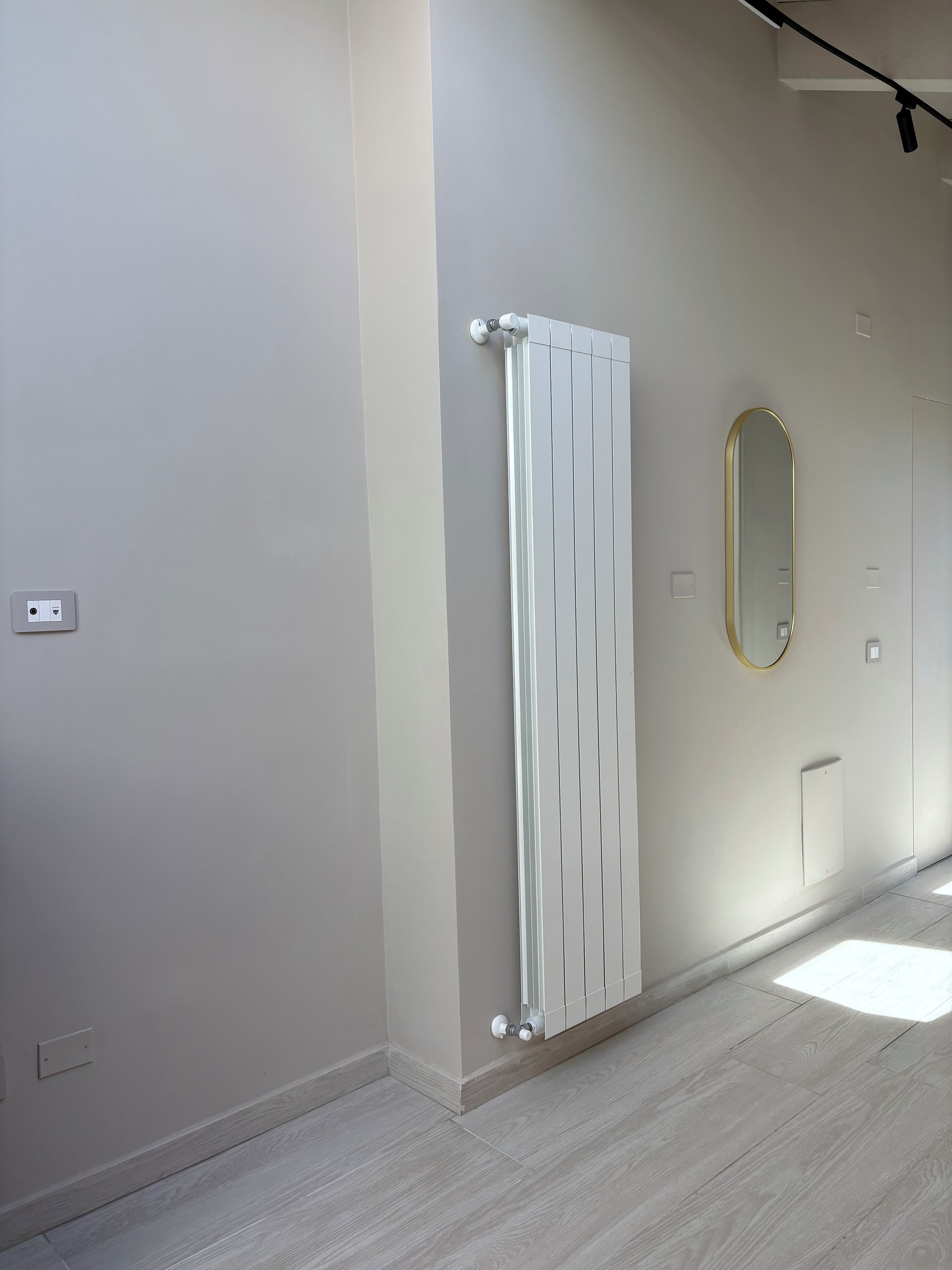 Ein Zimmer mit Heizkörper, Wandspiegel und Lichtschalter.