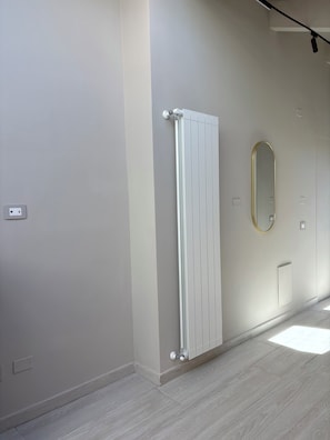 A room with a radiator, a wall-mounted mirror, and a light switch. - B&B Molly (Napoli)