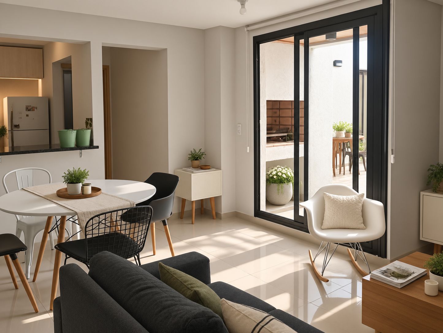 Una sala moderna con comedor, puerta corrediza de vidrio a un espacio exterior y una kitchenette.