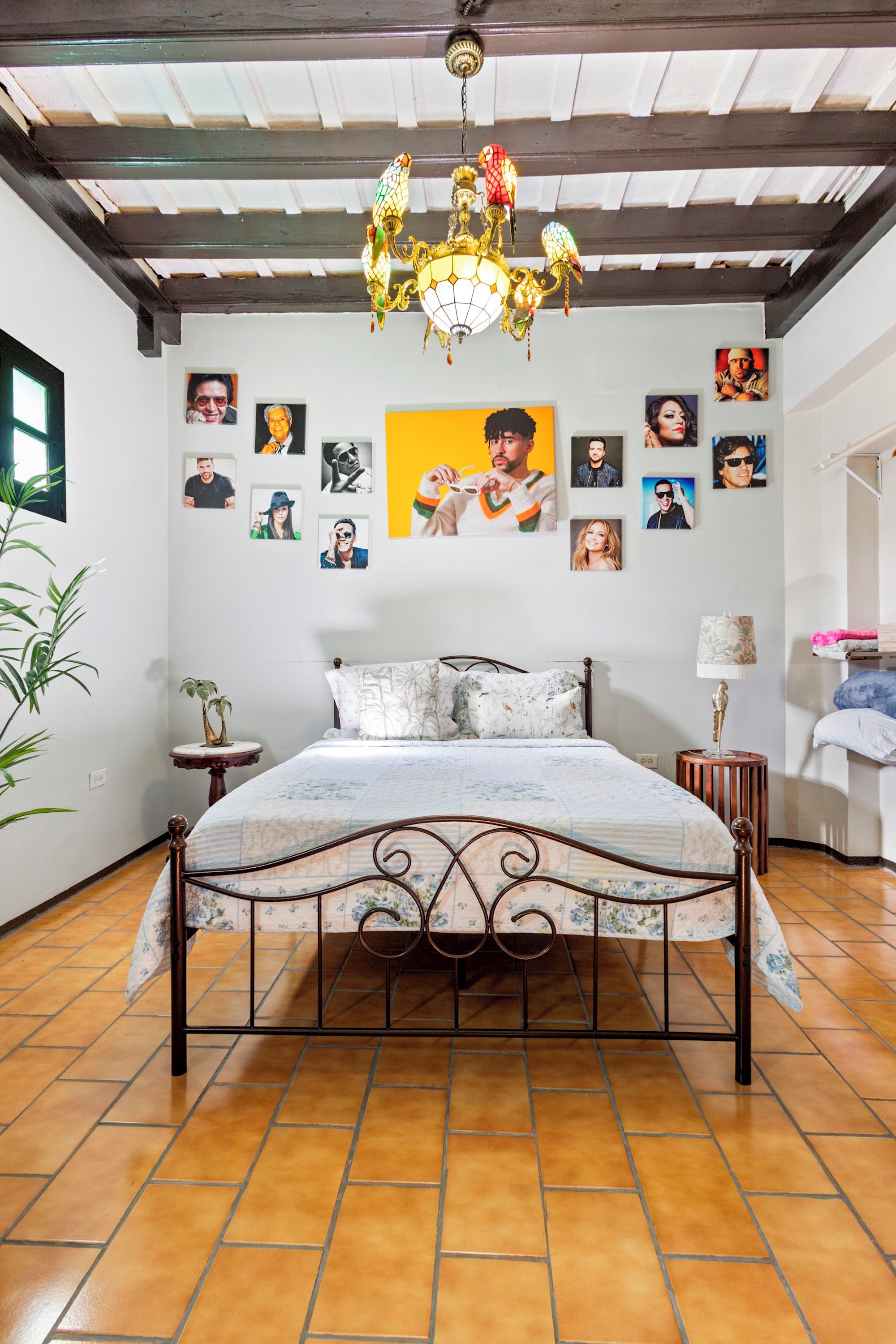 Un dormitorio con cama, una araña, una pared de cuadros enmarcados y una planta en maceta.