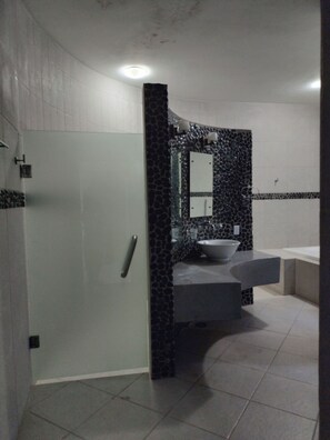 A bathroom with a shower, a sink, and a mirror. - New Listing (Palenque)