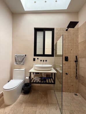Une salle de bain moderne dotée d’une lucarne, de toilettes, d’un lavabo et d’un espace douche.