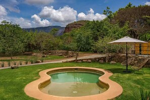 Una piscina con borde curvo, rodeada por un césped cuidado y un muro de piedra.