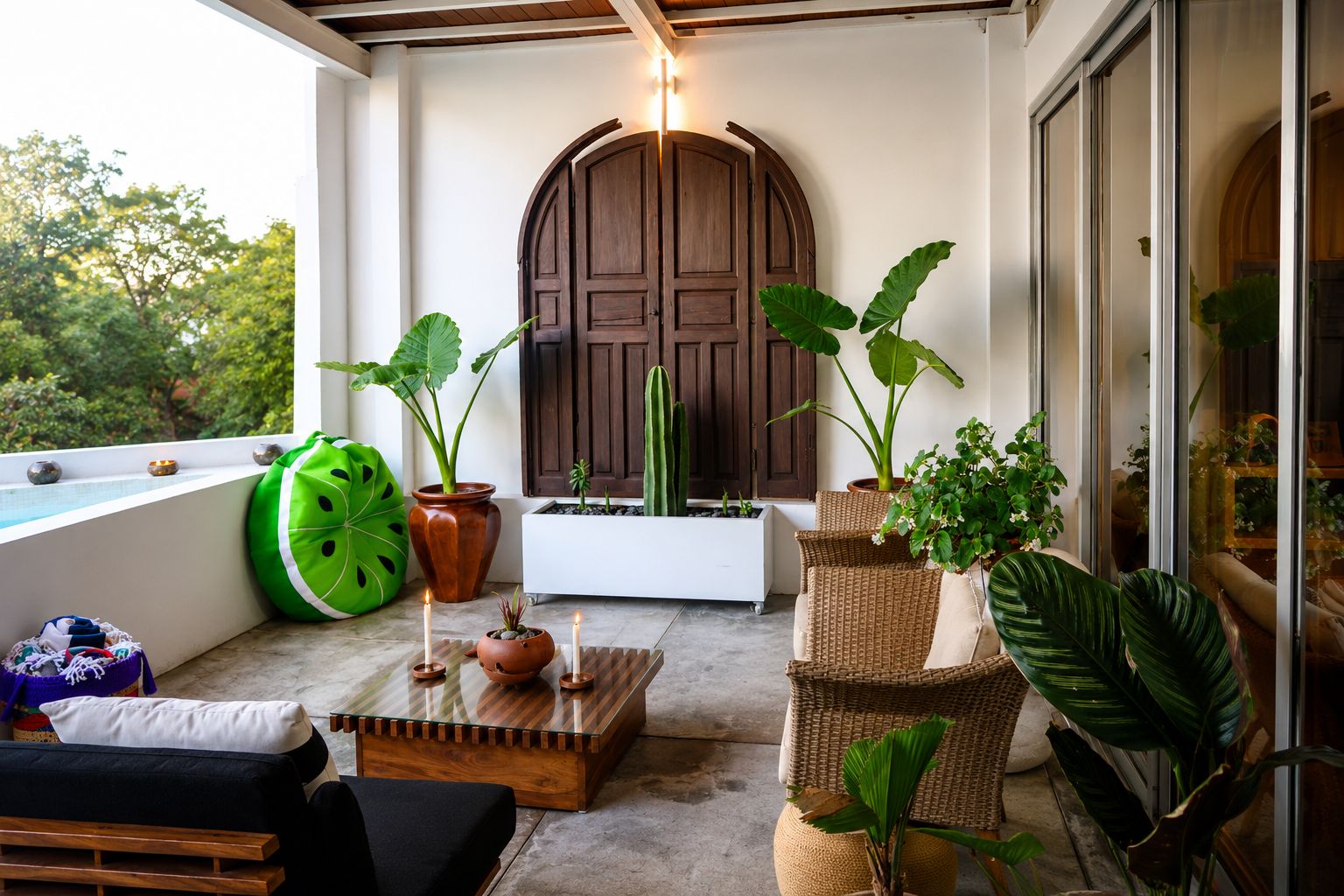 Uma área de estar acolhedora ao ar livre, com mesa, cadeiras e plantas em vasos.