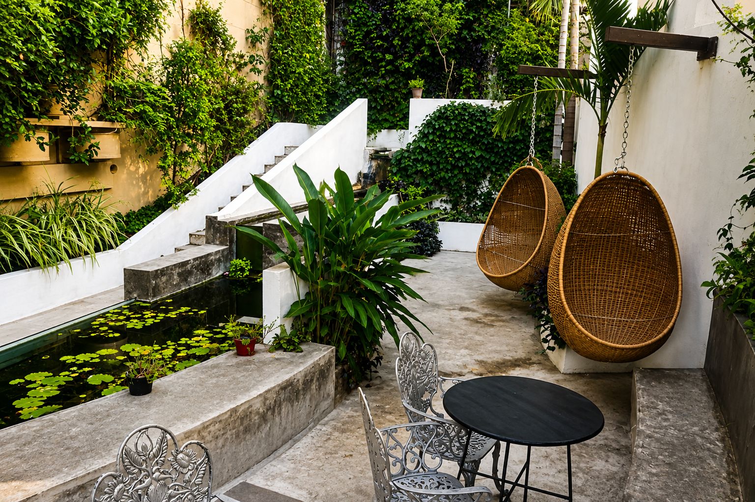 A patio with a small pool, wicker chairs, a table, and a staircase leading to a higher level.