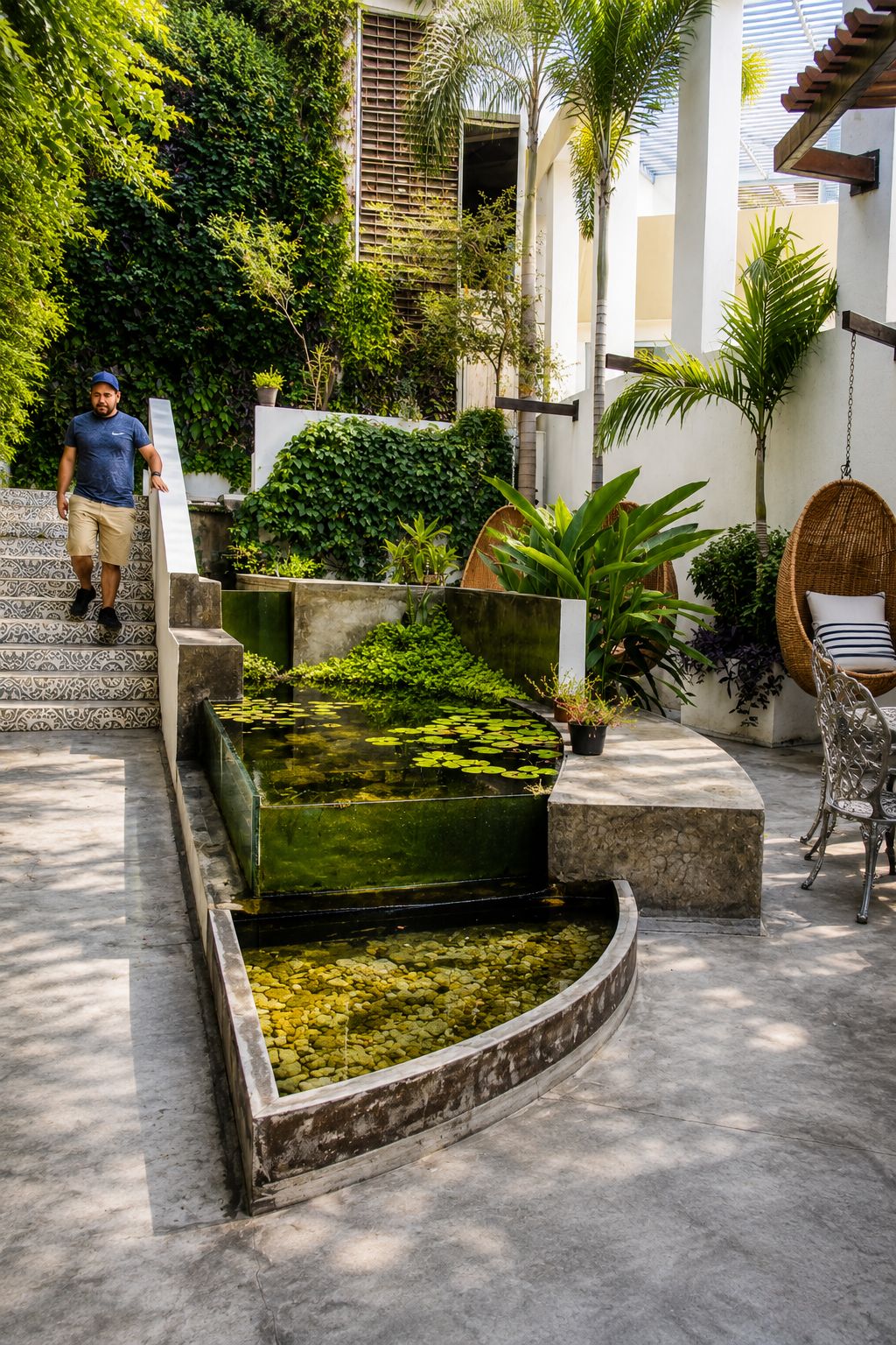 A man walking on a tiled staircase, a small pond with lily pads, and a wicker chair.