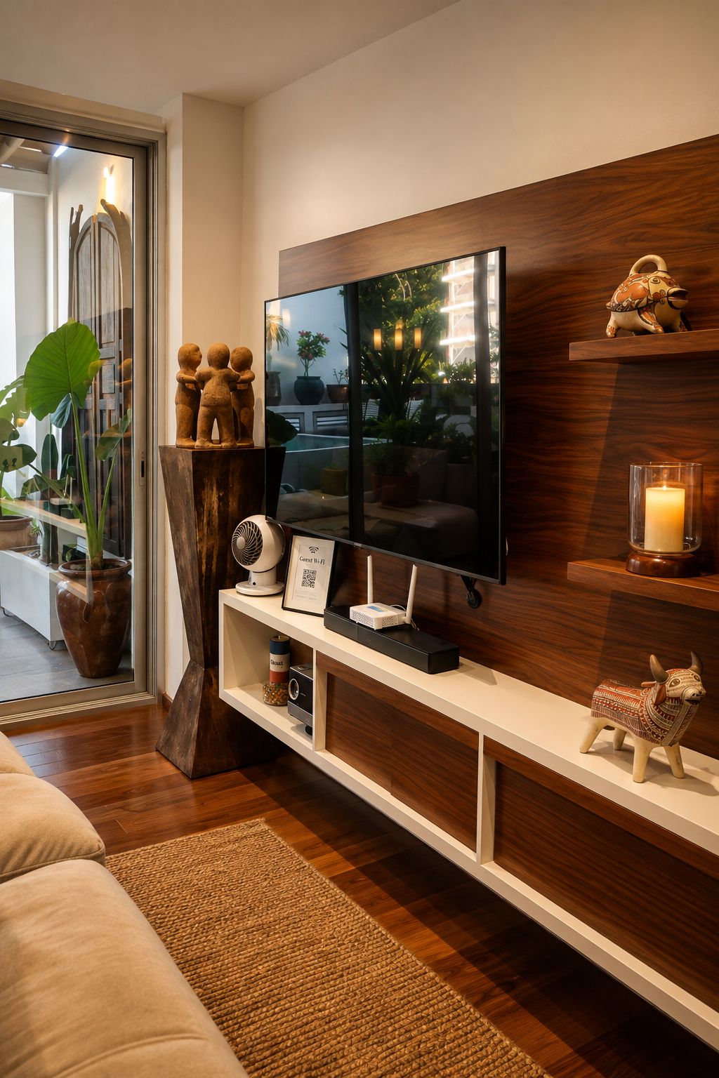 A modern living room with a flat-screen TV mounted on a wooden wall, a white entertainment unit below, and a decorative bull figurine on the right.