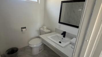 A bathroom with a toilet, sink, and a small window.