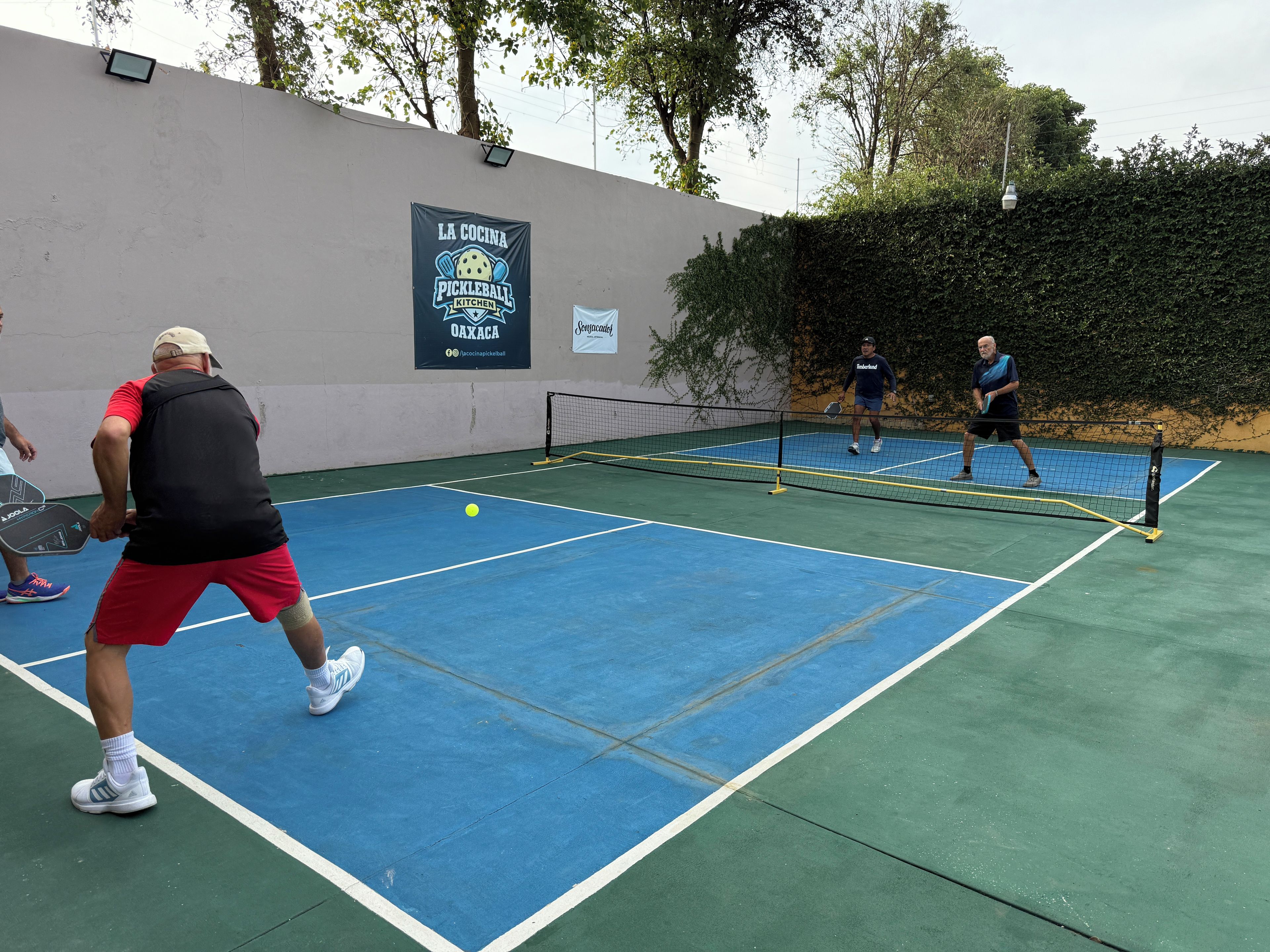 Una cancha de tenis interior con red, una pared con un letrero y un seto.