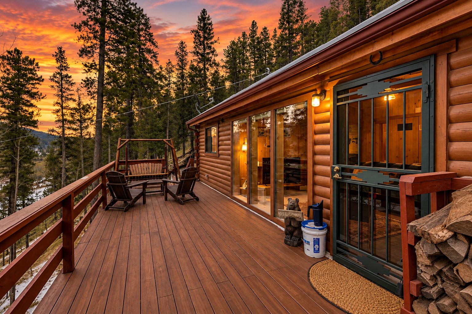 Une terrasse en bois avec des sièges d’extérieur, un chalet en rondins doté de grandes fenêtres et un paysage forestier pittoresque en arrière-plan.