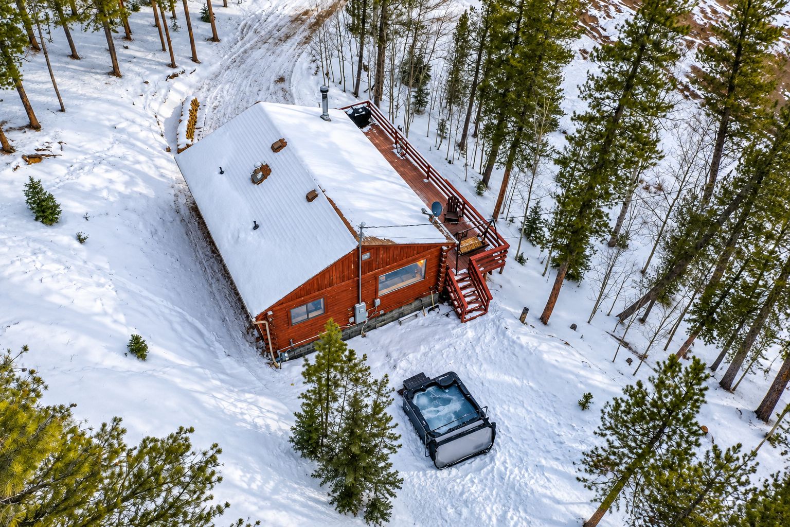Una cabaña con una escalera metálica, rodeada de nieve y árboles.