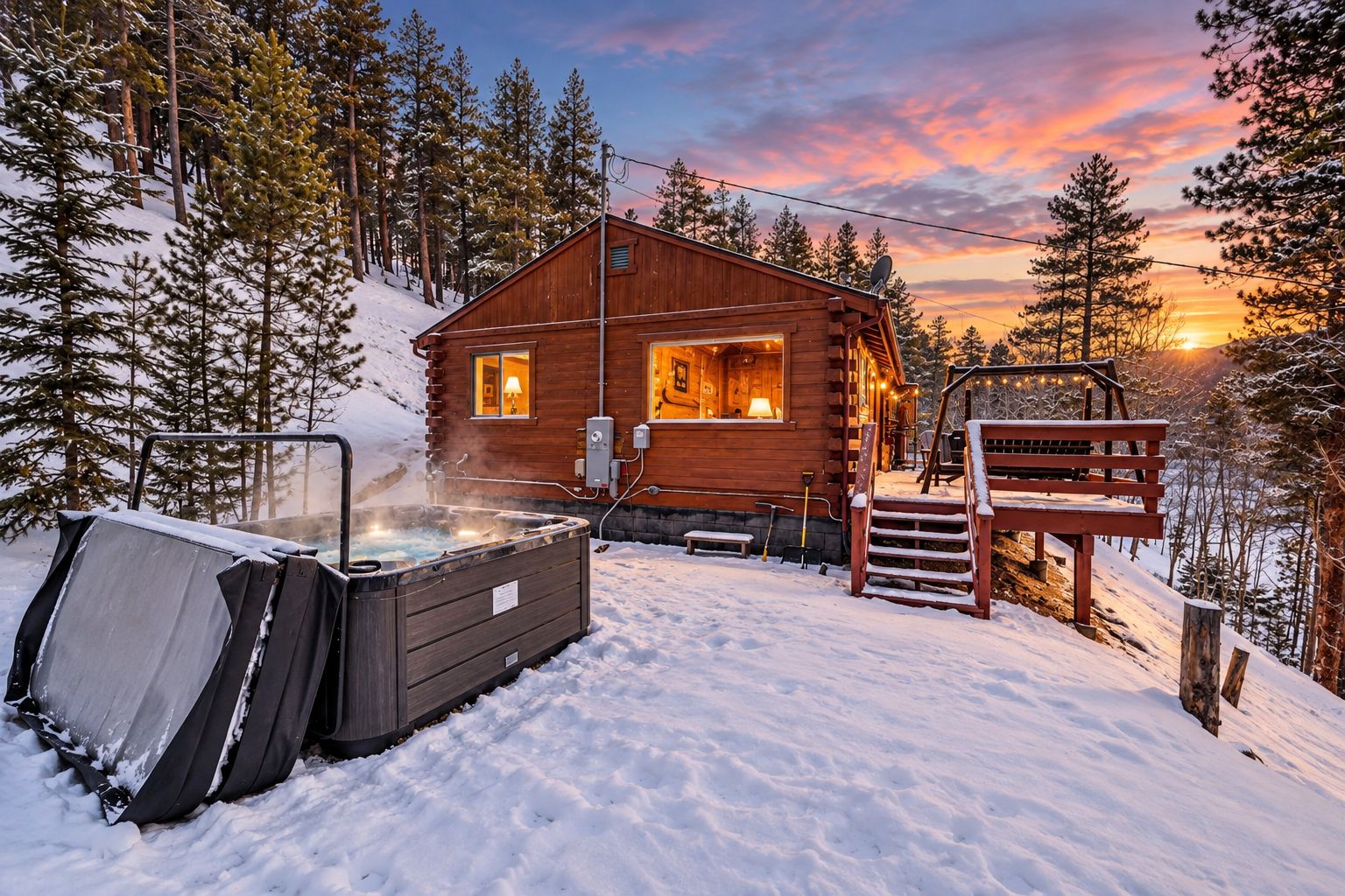 A wooden cabin with a hot tub, surrounded by snow-covered trees and a sunset.