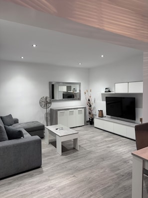 A modern living room with a grey sofa, a coffee table, a TV, and a cabinet.