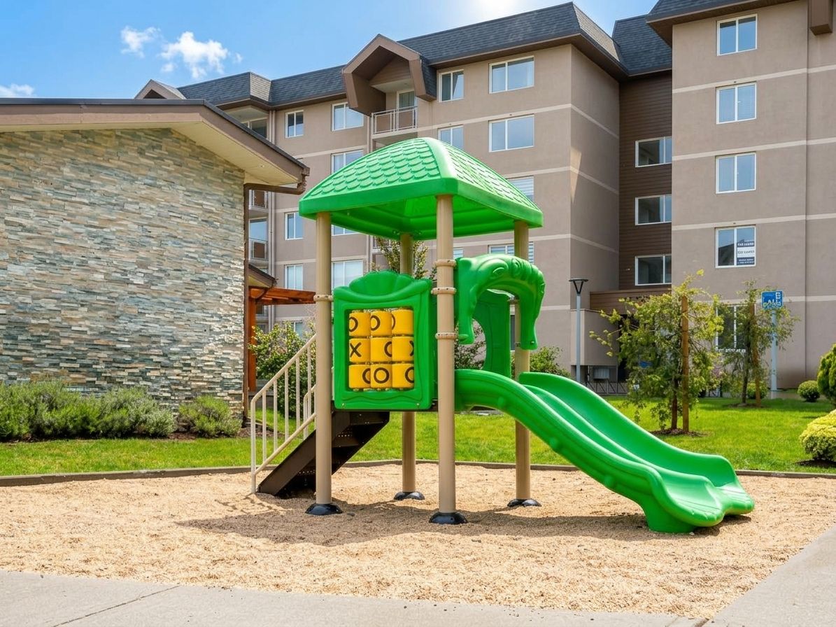 Eine Kinderspielanlage mit Rutsche, umgeben von einer angelegten Grünfläche mit einer Steinmauer und einem Gebäude im Hintergrund.