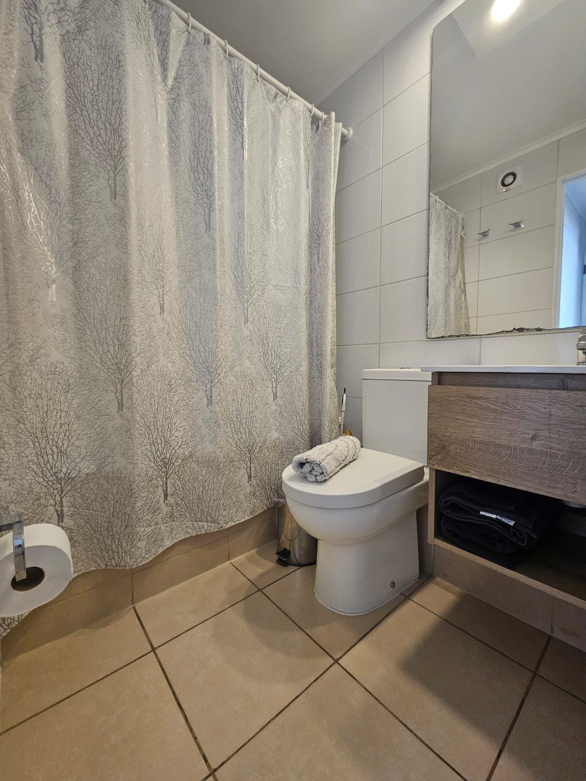 Une salle de bain équipée d’un WC, d’un rideau de douche, d’une serviette, d’un rouleau de papier toilette et d’un miroir.
