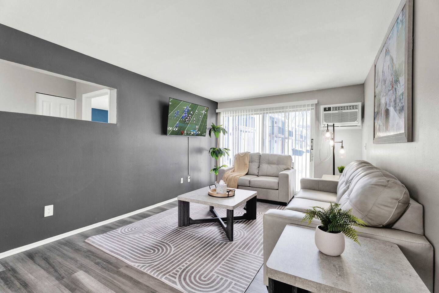A modern living room with a grey accent wall, a flat-screen TV, a sofa, a coffee table, and a potted plant.