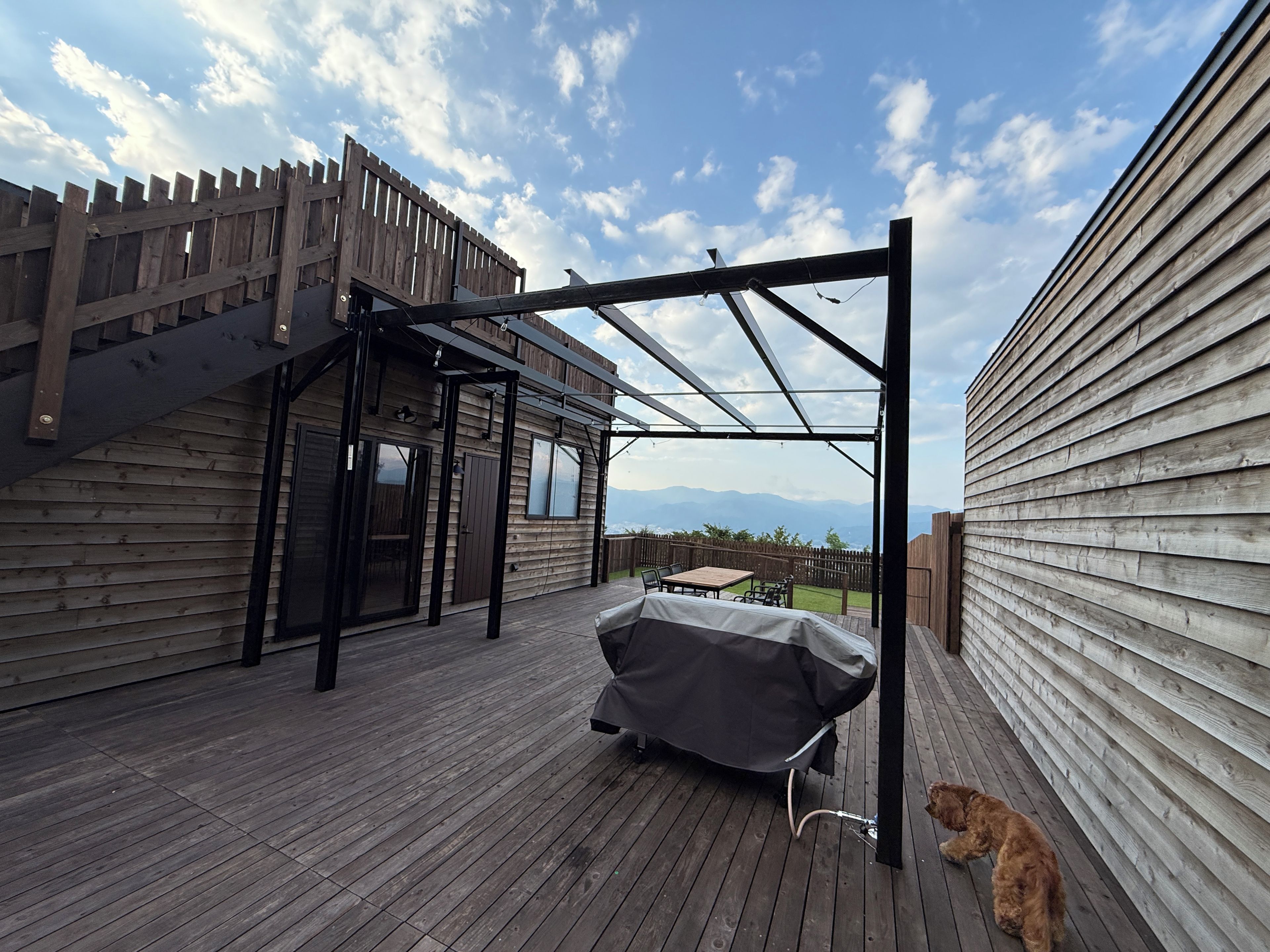 A covered patio area with a grill and a dog.