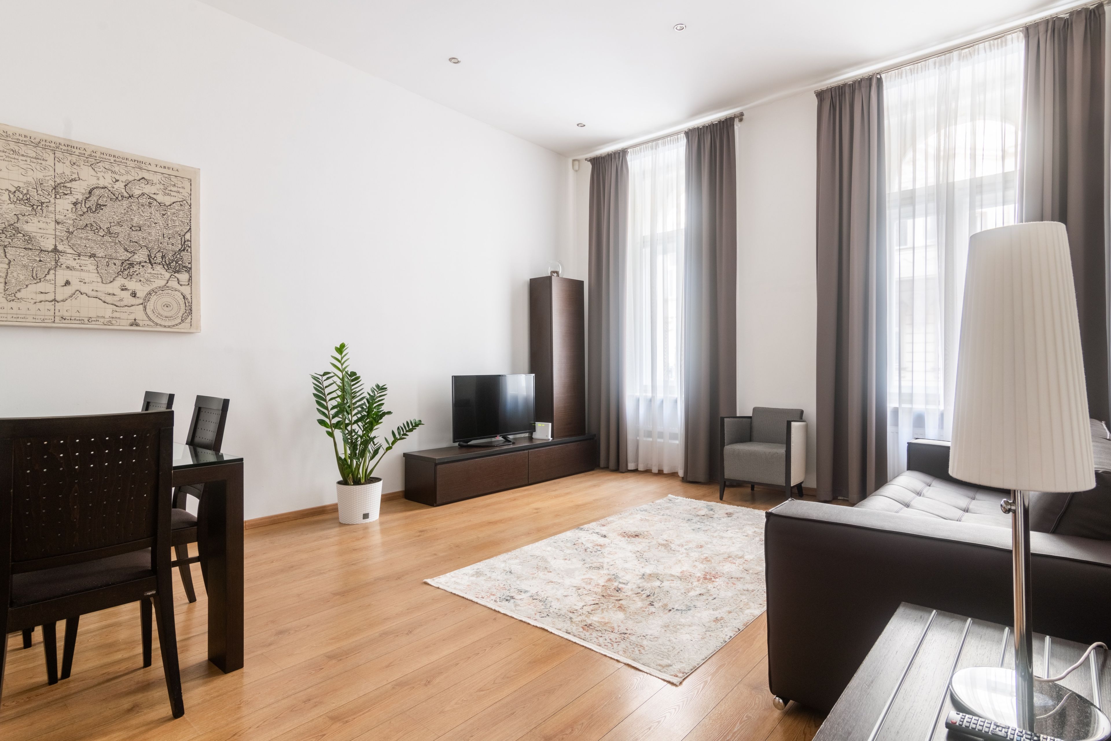 Ein modernes Wohnzimmer mit Holzboden, einem dunklen Sofa, einem Fernseher, einer Pflanze und einer Karte an der Wand.